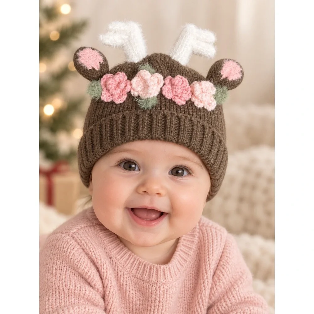 Mud Pie Baby Beanie Set Reindeer Floral Antler & Fuzzy Leopard Print Knit Hats